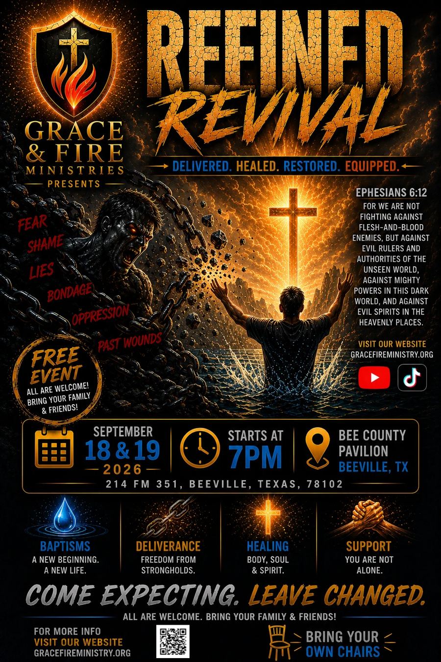 Refined Revival — September 18 & 19, 2026, 7 PM, Bee County Pavilion, Beeville TX. Free event, all are welcome.